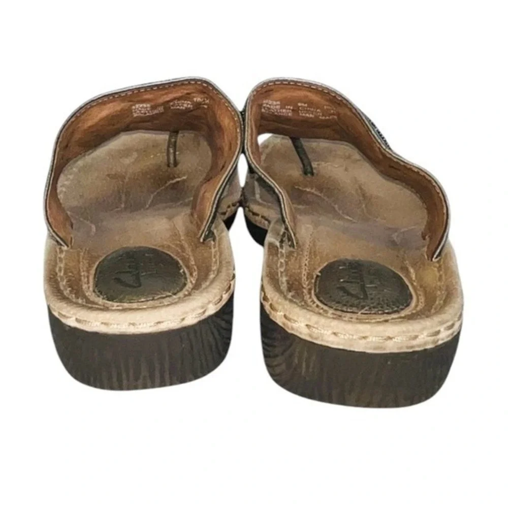 4/$40 Clarks‎ Brown & Black Decorative Elements Leather Thong Flip-flop Sandals